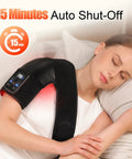 Woman using Cordless Knee Massager With Heat And Vibration on shoulder, 15-minute auto shut-off, 5 heating levels, ideal for seniors