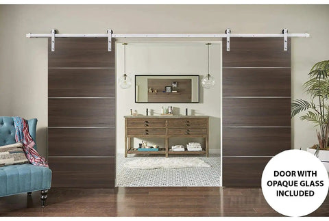 Sliding Double Barn Doors with Hardware in Chocolate Ash Finish 84 by 96 Inches Two 42 by 96 Panels 13 Foot Silver Rail Kit