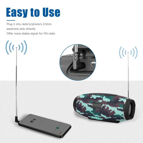 Extendable 3.5mm FM Radio Antenna Telescoping Four Section Steel Aerial connected to mobile phone and speaker
