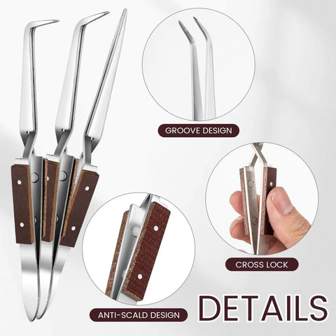 Detail view of 3 reverse tweezers from the 6 Piece Jewelry Soldering Kit With 2 Honeycomb Ceramic Soldering Blocks, Copper Tongs.