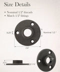 Size details of 20 Pack One Half Inch Malleable Cast Iron Pipe Flanges For Threaded Black Pipes And Fittings DIY Steampunk Industrial Vintage Style Heavy Duty Floor Mount Flanges With Three Mounting Holes For Secure Install, showing diagrams with measurements and three mounting holes.