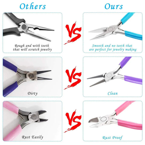 Beading And Jewelry Making Tools Kit 6 Piece Set With Needle Nose Pliers Round Nose Pliers Bent Nose Pliers Wire Cutters Crimping Pliers And End Nippers For DIY Beads Craft Projects And Pro Jewelry Making: smooth rust-proof pliers