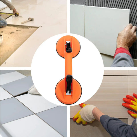 Heavy Duty Vacuum Panel Lifter With Dual Sucker Tool For Car Windshields And Ceramic Tiles shown in use with orange handle.