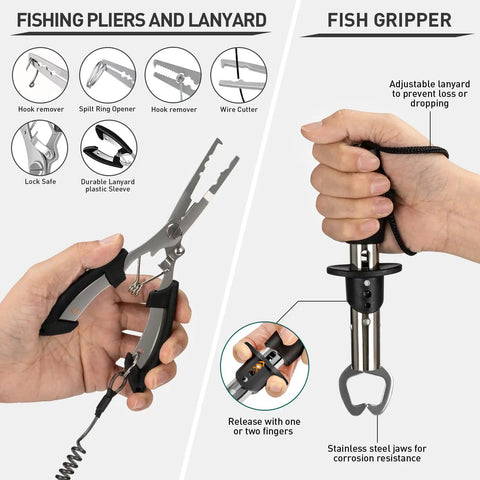 Fishing pliers with lanyard and fish gripper from All In One Fishing Gear Kit With Backpack And Tackle Box Includes Lures Hooks Sinkers Pliers