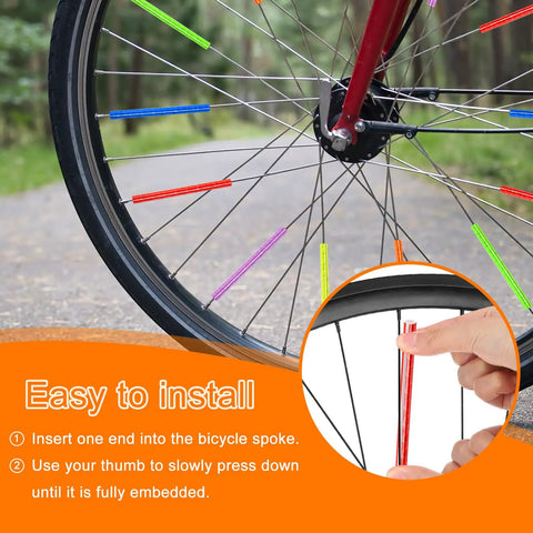 Installing 72 Pcs Bike Reflective Spoke Skins 0.2 Inch Plastic Covers for Bikes, showing step-by-step process