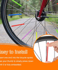 Close-up of multicolor reflective skins on a bike wheel with an installation guide, featuring Blue 72Pcs Reflective Spoke Skins for Bikes and Motorcycles.