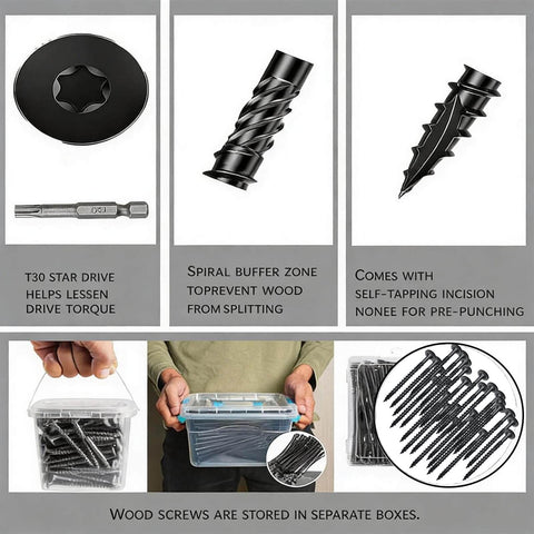 Self Tapping Structural Screws 14 By 6 Inch, 150 Pieces Carbon Steel Black Rustproof Deck Screws With T30 Star Drive Bit shown in packaging.