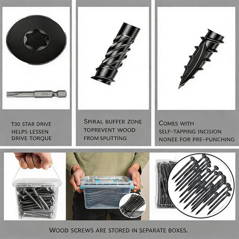 T30 Driver Bit with Heavy Duty Structural Screws, Self Tapping Tip, features for seamless woodworking and decking builds.