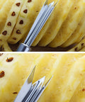 Close-up of Pro Grade Stainless Steel Pineapple Eye Remover Tool with V Shaped Cutter removing eyes from pineapple slices.