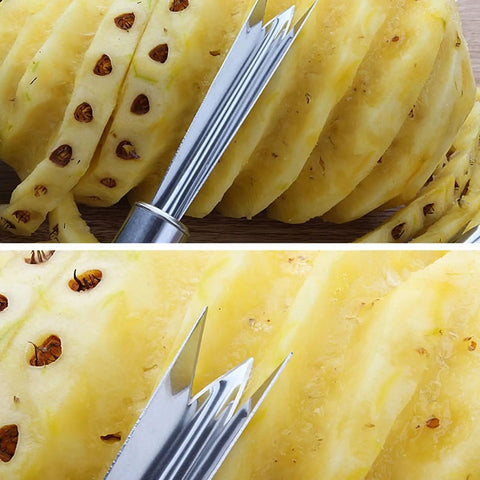 Close-up of Pro Grade Stainless Steel Pineapple Eye Remover Tool with V Shaped Cutter removing eyes from pineapple slices.