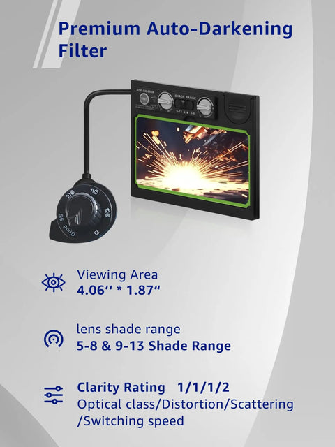 Pro Grade Auto Darkening Welding Helmet With True Color Solar Power with filter specs and viewing area details