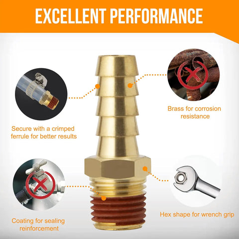 12 Pack Brass Air Hose Fittings Three Eighth Barb To One Quarter NPT Male Adapters With Sealant And 12 Clamps features