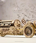 Dope Mechanical Grand Prix Car Wooden 3D Puzzle 348 Parts Build 13.8 Inch Model With Realistic V8 Engine Moving Fan 16 Valves Three Transmission Modes Rubberized Wheels Spring Front Fork Vintage Racer Look side view