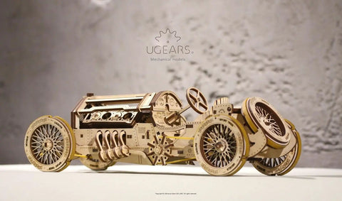 Dope Mechanical Grand Prix Car Wooden 3D Puzzle 348 Parts Build 13.8 Inch Model With Realistic V8 Engine Moving Fan 16 Valves Three Transmission Modes Rubberized Wheels Spring Front Fork Vintage Racer Look side view