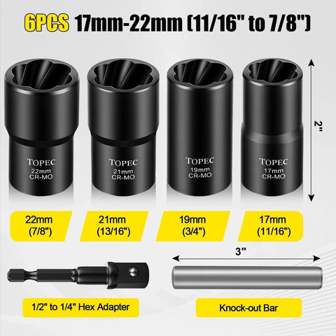 6 Piece Lug Nut Removal Kit For Damaged And Stripped Bolts showing 17-22mm extractor sockets and hammer hit tool