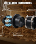 Exploded view of magnetic dust collection fittings kit with 4in and 2.5in connectors, rubber coupler, steel clamps.