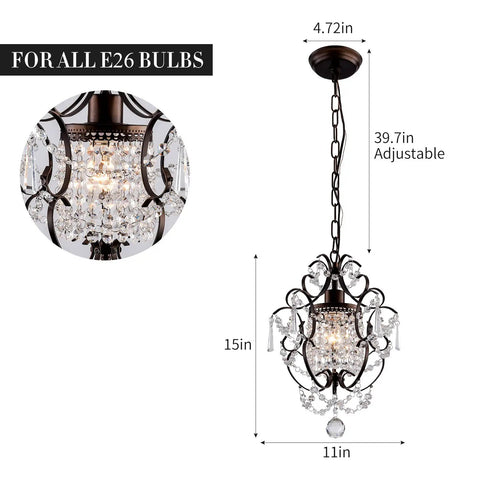 Modern Mini Crystal Chandelier With Iron Bronze Finish Ceiling Mount 1 Light Lighting Fixture dimensions shown