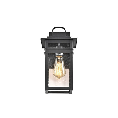 Sleek Transitional 1 Light Textured Black Outdoor Wall Sconce With Clear Seedy Glass Downlight, 13 Inch Height, front view