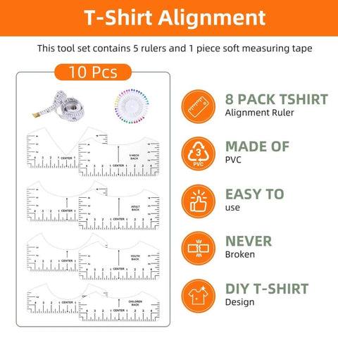 T Shirt Alignment Tool Set with eight rulers, soft measuring tape, forty color pins, PVC vinyl heat press accessories
