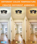 Two Pack Black Farmhouse Flush Mount Ceiling Lights With Industrial Vintage Metal Cage Design Providing Full Room Illumination For Hallway, Kitchen, Bedroom A19 LED Bulbs Included Easy Ceiling Mount Modern Rustic Two Lamp Fixture showing color temperature effects.