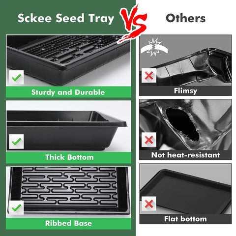 Comparison of upgraded 10 pack plant growing trays for seed starting and microgreens versus flimsy trays, highlighting durability