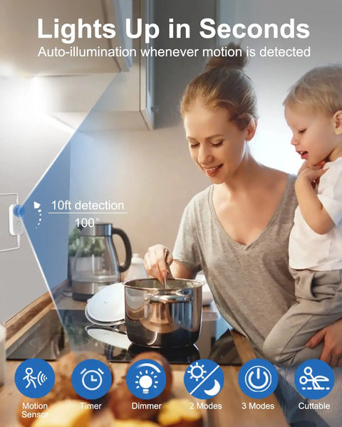 Hands Free Motion Sensor Led Light Strip For Auto On Under Cabinet Lighting With Power Adapter, kitchen use example.