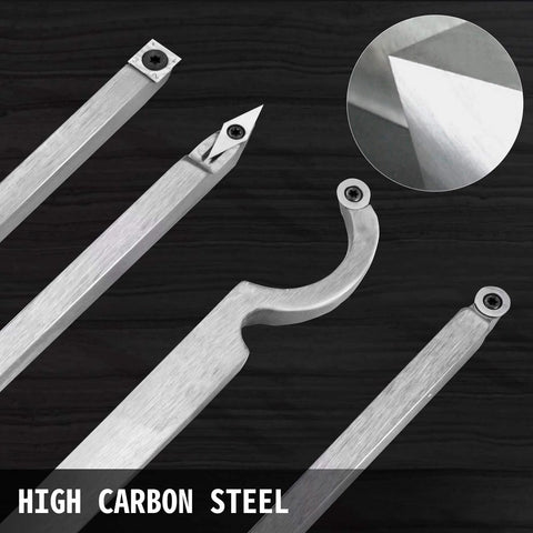 Four-piece wood turning tool set with high-carbon steel bars and carbide cutters (diamond/round/square) handles