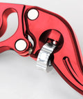 Close-up of red Adjustable CNC Aluminum Brake Lever for Motorcycles Scooters and Electric Bikes Twenty Two Millimeter Clamp Seven Eighths Inch Front And Rear Disc Red Durable Aluminum Alloy Easy Grip Precision Fit showing adjustable reach mechanism.