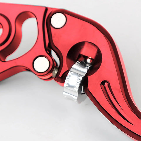 Close-up of red Adjustable CNC Aluminum Brake Lever for Motorcycles Scooters and Electric Bikes Twenty Two Millimeter Clamp Seven Eighths Inch Front And Rear Disc Red Durable Aluminum Alloy Easy Grip Precision Fit showing adjustable reach mechanism.