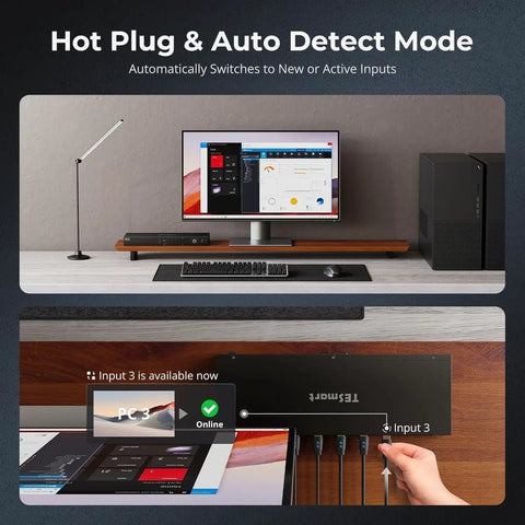 Top Shelf Heavy Duty 16 Port Hdmi Kvm Switch Rack Mount Console displaying auto detect feature and PC input status.