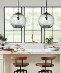 Modern Farmhouse Pendant Light For Kitchen Island And Entryway With Clear Hand Blown Glass Globe And Black Marble Accent