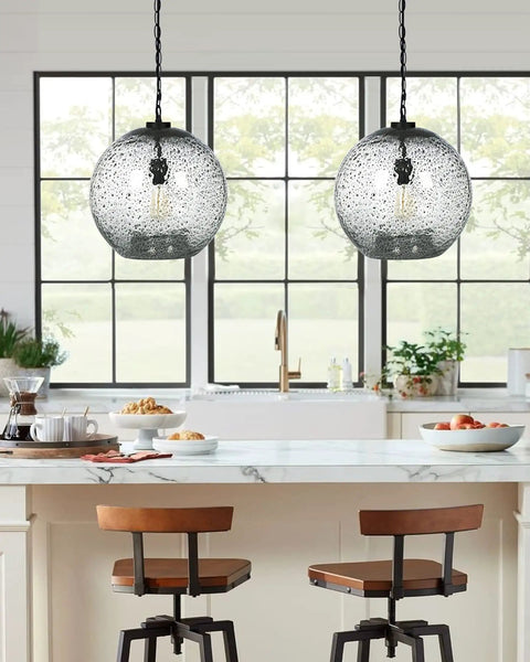 Modern Farmhouse Pendant Light For Kitchen Island And Entryway With Clear Hand Blown Glass Globe And Black Marble Accent