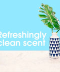 Image with text 'Refreshingly clean scent' showing a vase with geometric pattern and green leaves on marble surface.