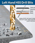 Close-up of left-hand HSS drill bit making holes in metal, showing detailed view of 39 Piece Bolt Extractor And Drill Bit Kit For Damaged Fasteners Including Frozen Studs Rusted Rounded Off Bolts And Screws Easy Out Set With Multi Spline Extractors To Conquer Tough Stubborn Bolts.