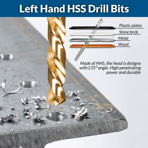 Close-up of left-hand HSS drill bit making holes in metal, showing detailed view of 39 Piece Bolt Extractor And Drill Bit Kit For Damaged Fasteners Including Frozen Studs Rusted Rounded Off Bolts And Screws Easy Out Set With Multi Spline Extractors To Conquer Tough Stubborn Bolts.