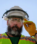 Construction worker wearing the Black Full Brim Hard Hat Adapter For Dielectric Safety Gear, Durable US Made Upgrade