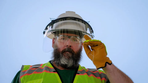 Construction worker wearing the Black Full Brim Hard Hat Adapter For Dielectric Safety Gear, Durable US Made Upgrade