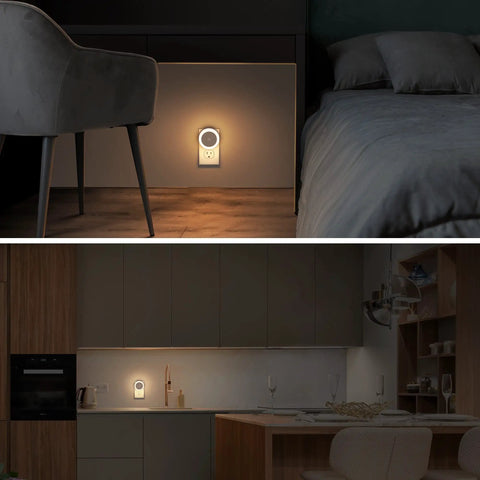 4 Pack Plug In LED Night Lights With Light Sensor Auto On At Dusk For Kids Room And Nursery Kid Friendly Night Lights Also Ideal For Bathroom Hallway And Staircase Compact Wall Outlet Friendly Design Warm White Glow in bedroom and kitchen settings.