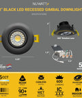 Black 3 Inch LED Gimbal Recessed Lights With 5CCT 2700K To 5000K Selectable, 8W 600 Lumens, IC Rated, Wet Rated, Dimmable, 120V