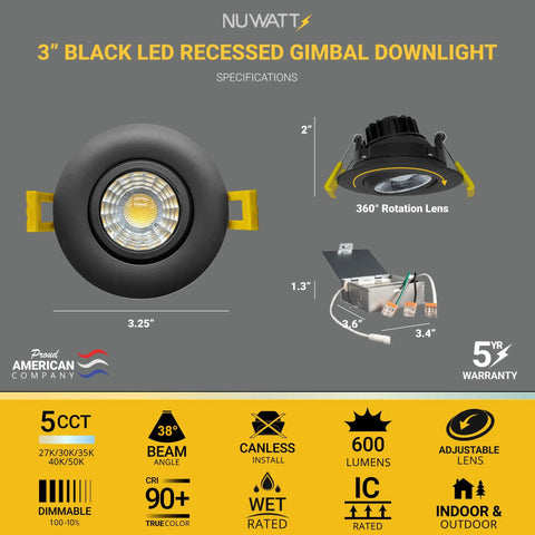 Black 3 Inch LED Gimbal Recessed Lights With 5CCT 2700K To 5000K Selectable, 8W 600 Lumens, IC Rated, Wet Rated, Dimmable, 120V