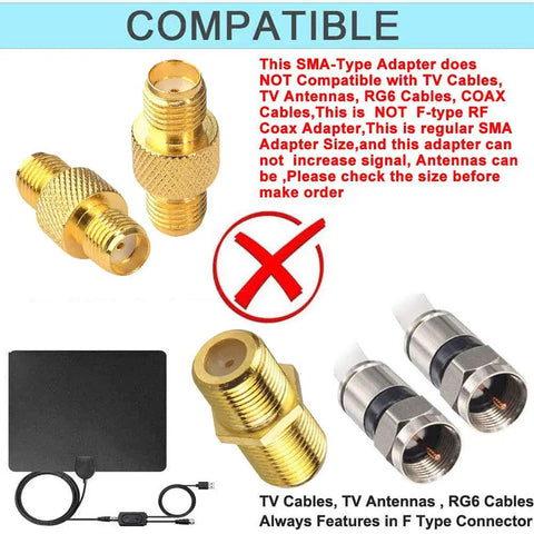 SMA Female To Female Barrel Adapter For FPV Antennas And Wireless LAN Dual Pack with brass center pin and compatibility info.