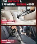 Beast Mode 9000 Pa Cordless Handheld Vacuum in use on sofa pillow and car seat, showcasing dual suction modes and lightweight design.