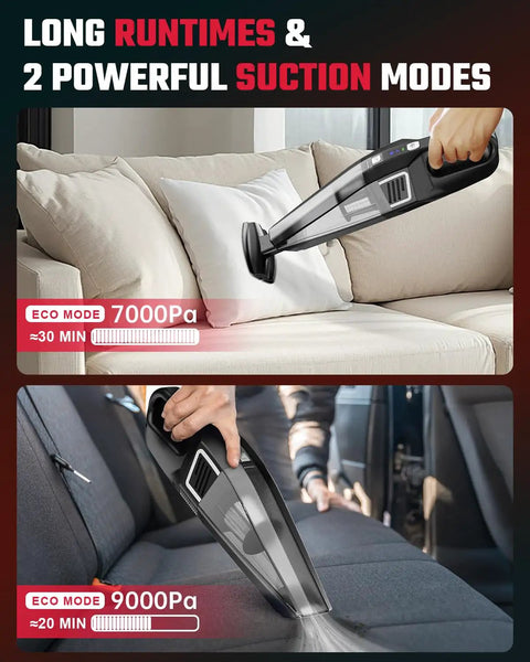 Beast Mode 9000 Pa Cordless Handheld Vacuum in use on sofa pillow and car seat, showcasing dual suction modes and lightweight design.