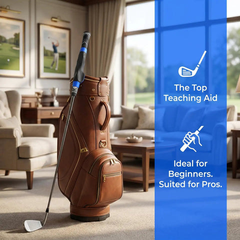 Pro Grade True Grip Trainer 2.0 attached to a golf club in a leather bag next to sofa, indoor setting for practice and teaching