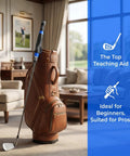 Lounge with a golf bag and True Grip Trainer 2.0 Golf Grip Trainer For Right Hand attached to a club, enhancing swing accuracy.