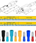 200 Pcs Bullet Connectors Set Male And Female 22 16AWG Insulated Splice Terminals dimensions and color-coded view