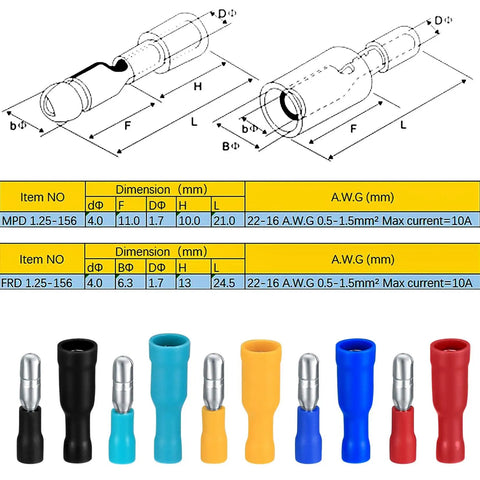 200 Pcs Bullet Connectors Set Male And Female 22 16AWG Insulated Splice Terminals dimensions and color-coded view