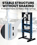 6 Ton Hydraulic H Frame Shop Press with Adjustable Table and Stamping Plates, shown in auto repair garage setting