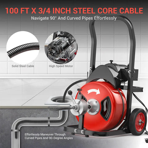 100 Ft Electric Drain Cleaner Machine With 3/4 Inch Steel Core Cable Auto Feed Mechanism for navigating tight curves and angles.
