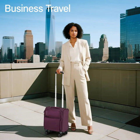 Person with purple underseat carry on luggage 16 inch with spinner wheels airline approved lightweight softside roller bag for 1 to 3 day trips fits under seat TSA travel case portable and stylish on urban rooftop